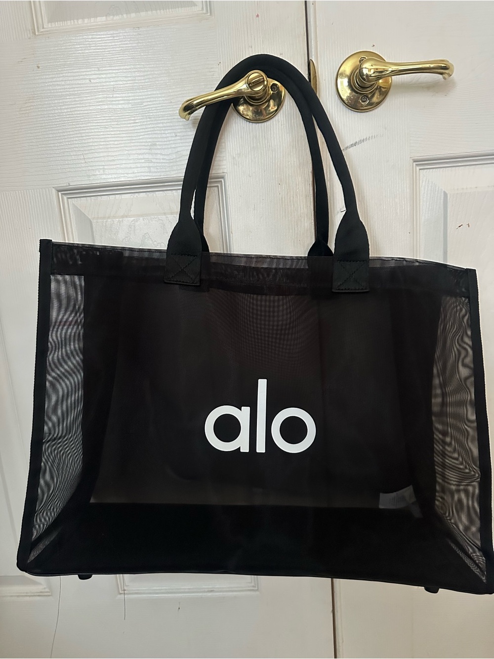 ALO Yoga Black Mesh Tote with White Logo